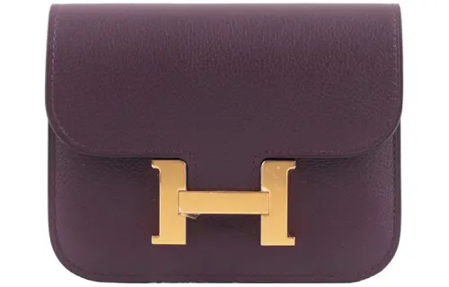 HERMES Constance Slim Gold tone Lock Evercolor Leather Card Holder, Coin Purse, Fanny Pack Women's Dark Tea/Royal Blue