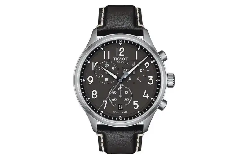 TISSOT Quartz Movement 100m Waterproof Men's Watch 45mm Black Dial Steel Watch Case Genuine Leather Strap