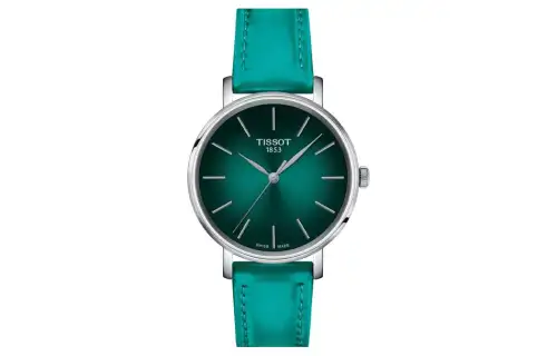 TISSOT Quartz Movement 50m Waterproof Women's Watch 34mm Green Dial Leather Strap