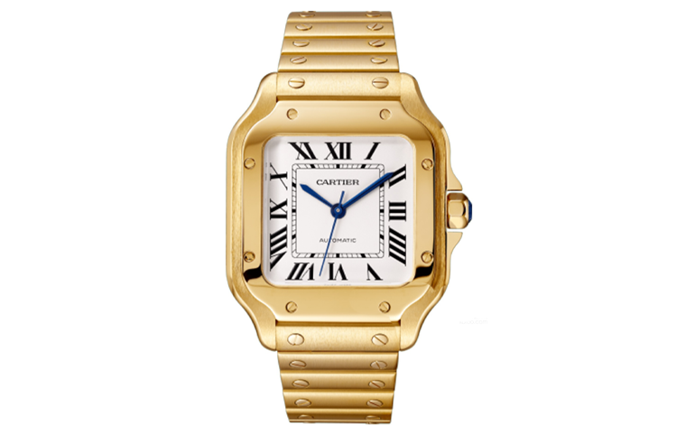 Cartier, automatic mechanical waterproof mechanism for men and women, white dial, golden gold watch, watch strap, 100meter, 35.1mm, 18 carat