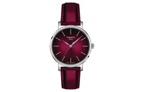TISSOT Quartz Movement 50m Waterproof Women's Watch 34mm Red Watch Dial Stainless Steel Case Leather Strap