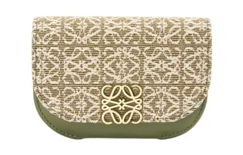 LOEWE Goya Jacquard Fabric, Cow Leather Card Holder Women's Green