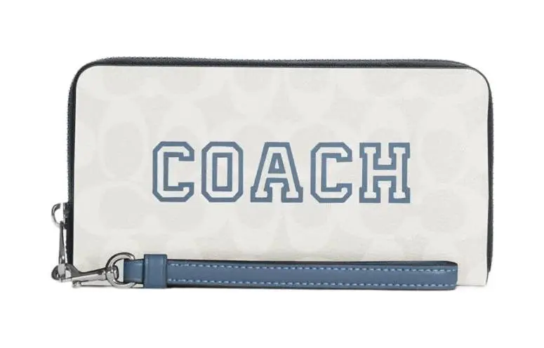 COACH Zip Around Smooth Leather With Coated Canvas Wrist Bag Clutch Wallet Small Women's Chalk White & Indigo