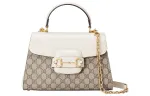 GUCCI Horsebit 1955 Supreme Canvas With Leather Trim Shoulder Bag, Crossbody Bag, Handbag Medium Women's White/Ebony