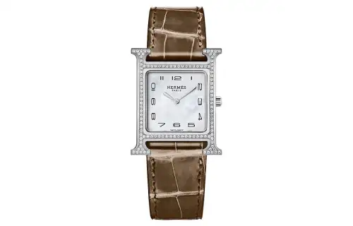 HERMES Heure H Wrist Watches Quartz Movement Crocodile Leather Strap White Dial Women's