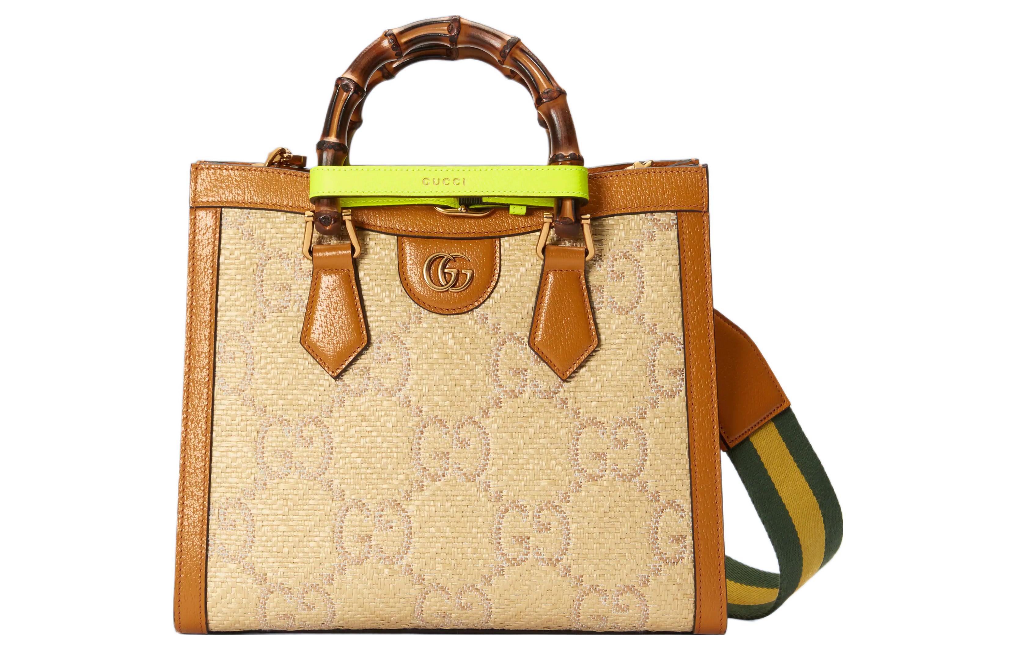 GUCCI Diana Raffia With Leather Tote Bag, Shopping Bag, Shoulder Bag, Crossbody Bag, Handbag Small Women's Orange