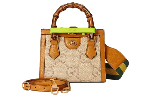 GUCCI Diana Raffia With Leather Tote Bag, Shopping Bag, Shoulder Bag, Crossbody Bag, Handbag Mini Women's Beige