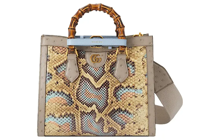 GUCCI Diana Python Skin With Ostrich Leather Trim Tote Bag, Shopping Bag, Shoulder Bag, Crossbody Bag, Handbag Small