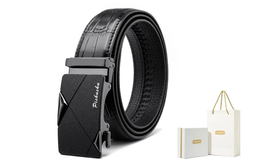 PISHUSHU Premium Geometry Automatic Buckle Father Premium Top Grain Cow Leather Belts Men's Width 3.5cm Free