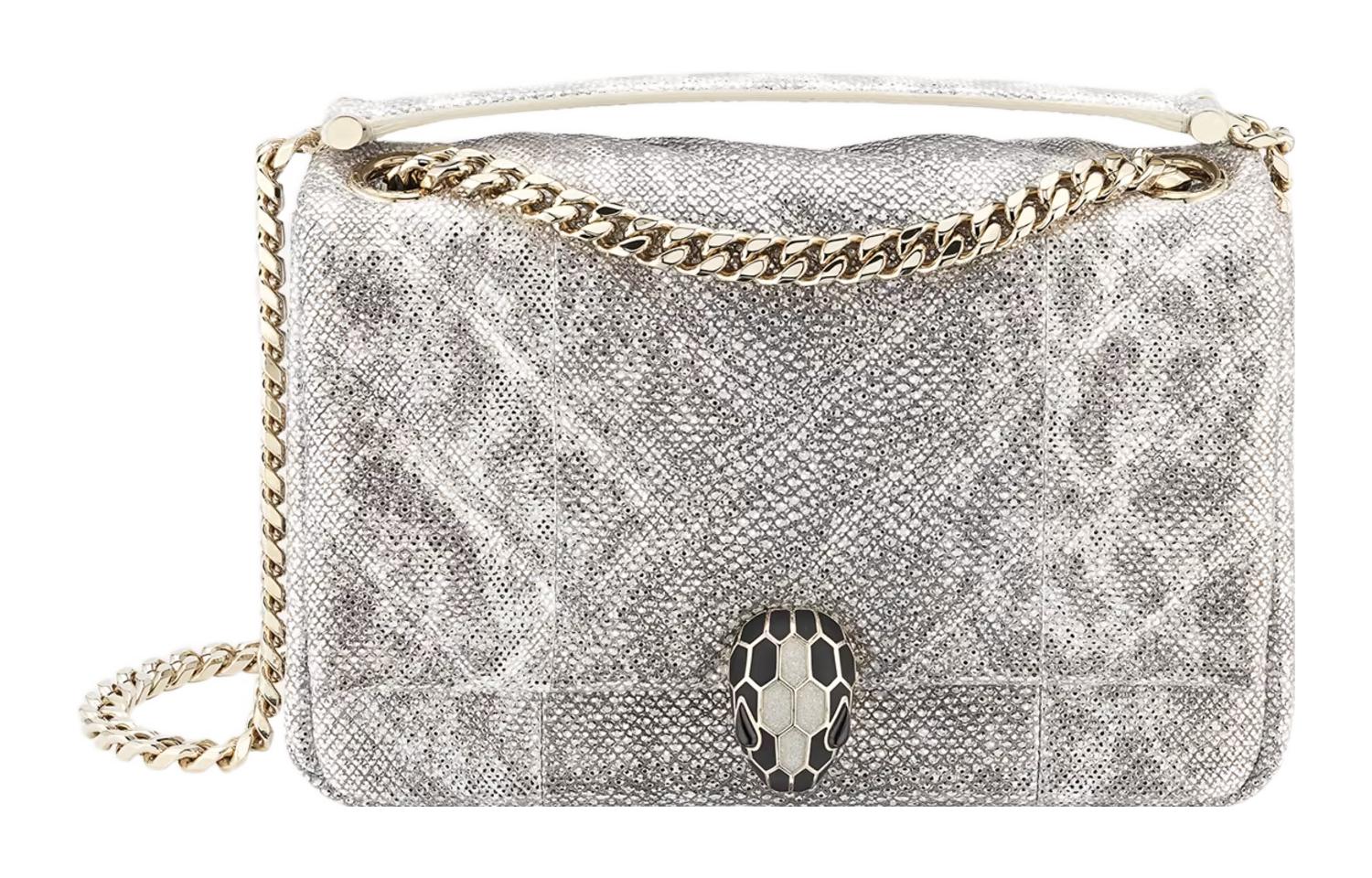 BVLGARI Serpenti Cabochon Karung Water Snake Skin One Shoulder Crossbody Clutch Small Women's White