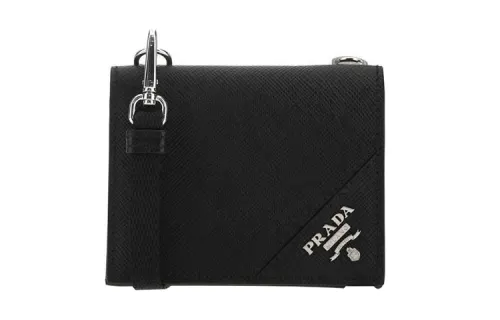 PRADA Saffiano Leather Crossbody Card Holder, Wallet Women's Black
