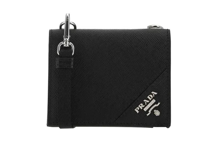 PRADA Saffiano Leather Crossbody Card Holder, Wallet Women's Black