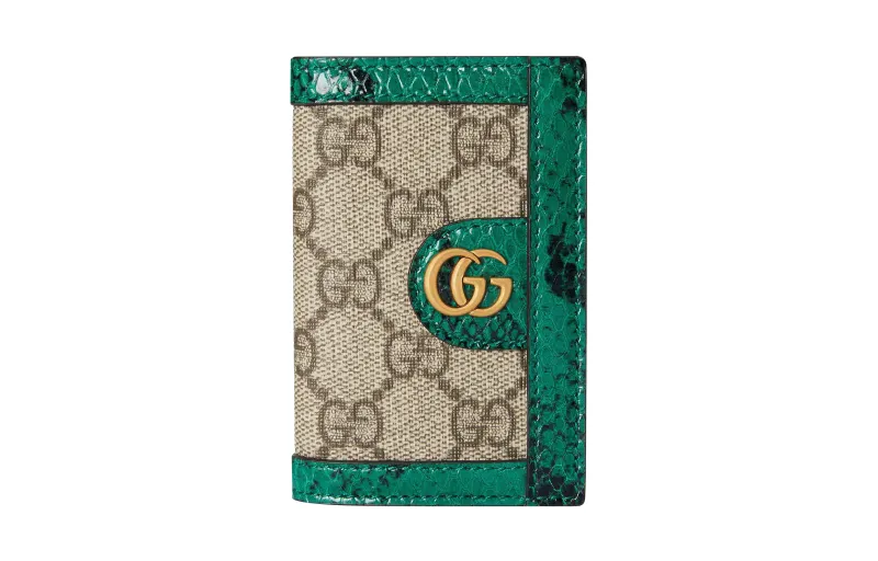 GUCCI Ophidia Supreme Canvas With Snake Skin Trim Wallet, Card Holder Men's Jadeite Green