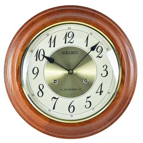 SEIKO Seiko Solid Wood Music Clock 18 Music Hourly Time European Retro Simple Living Room Scan Second Movement Wooden Wall Clock Same Style for Men and Women Gold