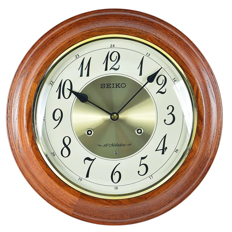 SEIKO Seiko Solid Wood Music Clock 18 Music Hourly Time European Retro Simple Living Room Scan Second Movement Wooden Wall Clock Same Style for Men and Women Gold