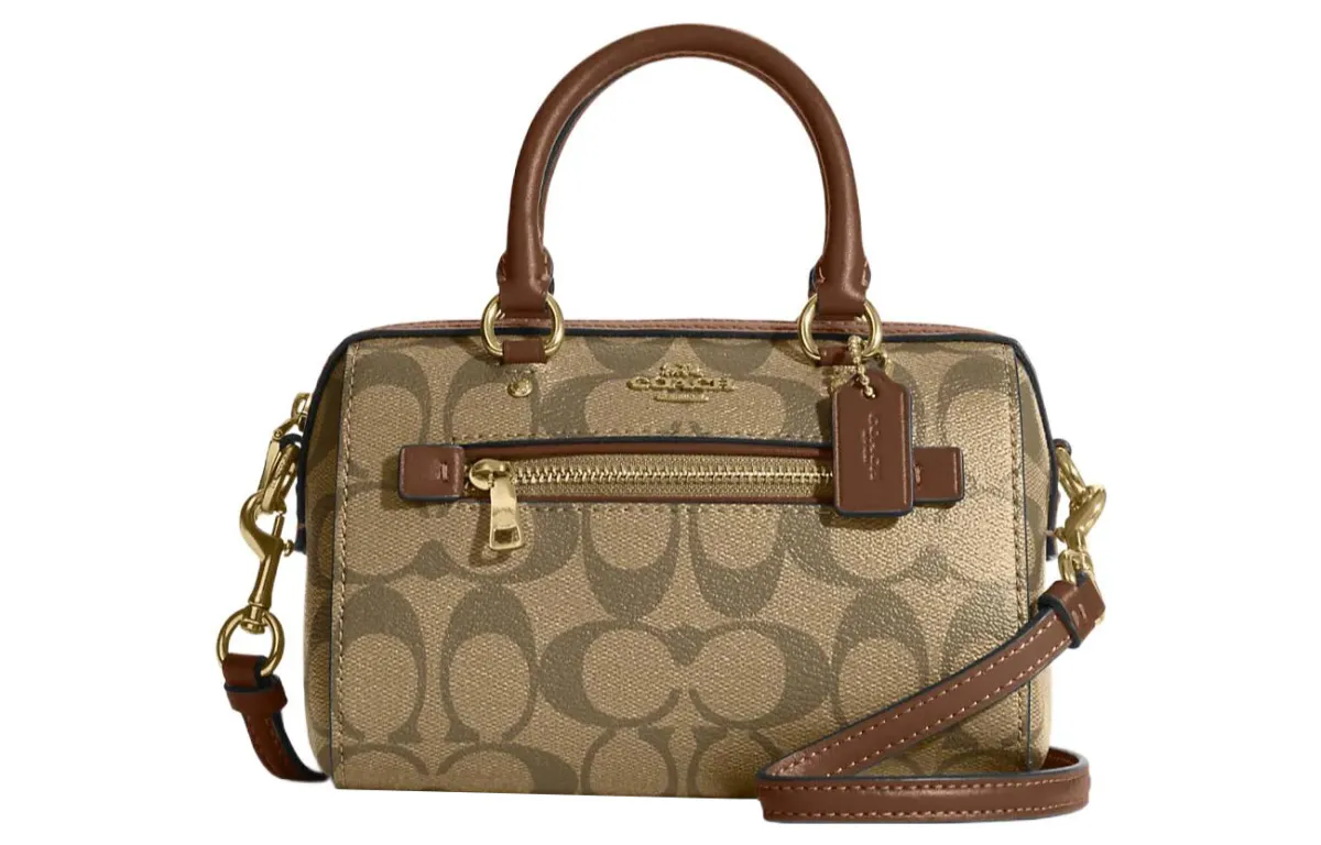 COACH Rowan Artificial Leather Boston Bag Handbag Mini Women's Gold & Khaki