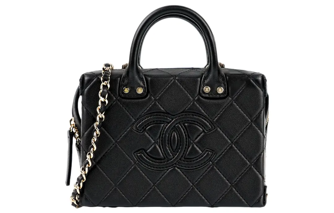 CHANEL Cow Leather Makeup Bag Briefcase Handbag Small Women's Black