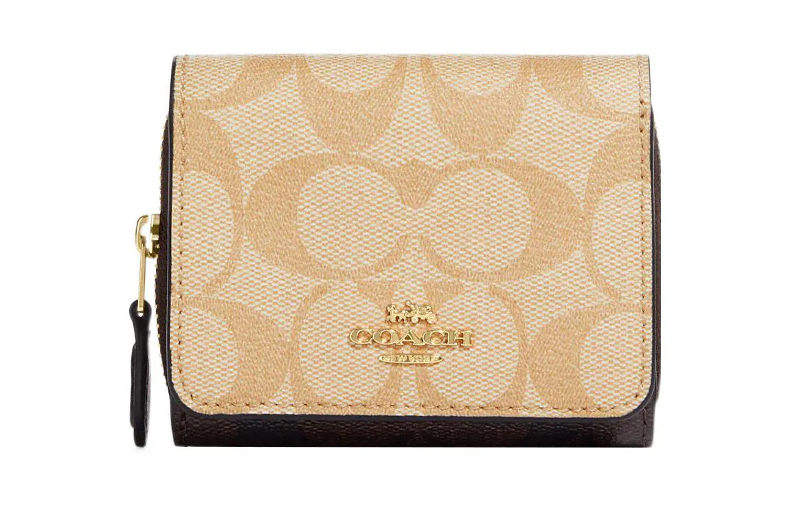 COACH Trifold Wallet Coated Canvas With Smooth Leather Detail Card Holder, Wallet Small Women's Light Khaki & Brown