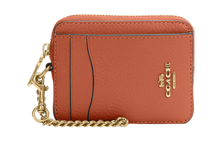 COACH Coach Zip Top Card Case 8 Open Pocket Zippered Compartment Dual Card Slots Refined Pebbled Leather ID Card Holder Mini Women's Sunset Red