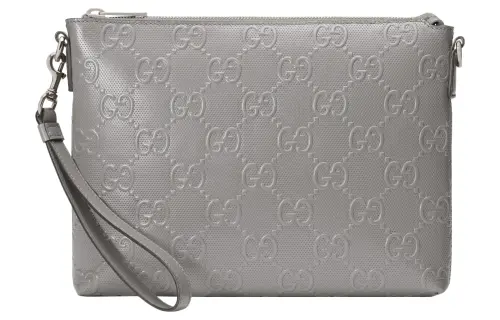 GUCCI Leather One Shoulder Crossbody Clutch Medium Men's Silver