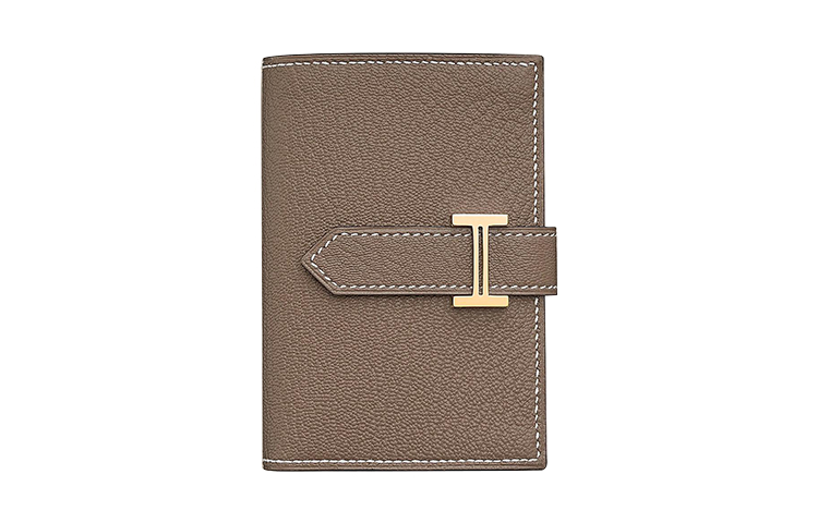 HERMES Bearn Gold tone Lock Mysore Goat Skin Coin Purse Wallet Mini Women's Etoupe Elephant Gray