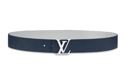 LOUIS VUITTON Initiales Leather Metal Parts Belts Men's Blue/Gray Width 4cm