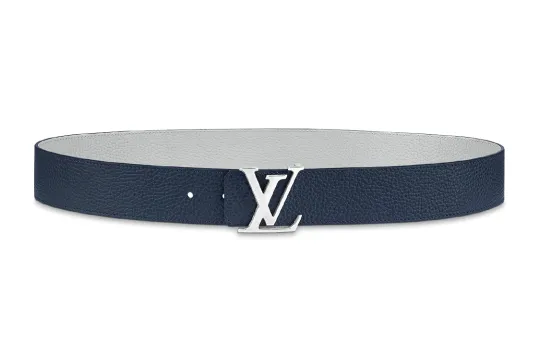 LOUIS VUITTON Initiales Leather Metal Parts Belts Men's Blue/Gray Width 4cm