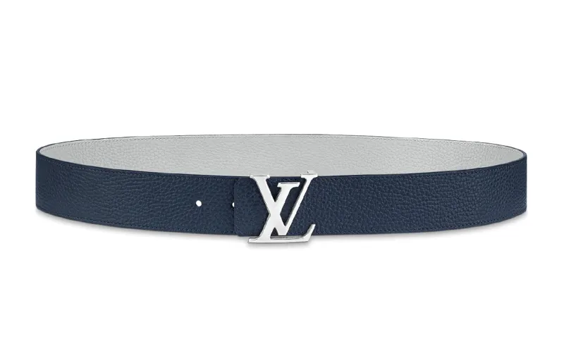LOUIS VUITTON Initiales Leather Metal Parts Belts Men's Blue/Gray Width 4cm
