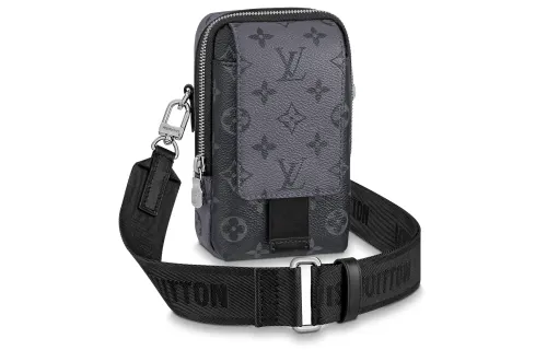 LOUIS VUITTON Coated Canvas With Cow Leather Trim Cell Phone Pouch, Shoulder Bag, Crossbody Bag Regular Men's Gray