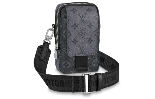 LOUIS VUITTON Coated Canvas With Cow Leather Trim Cell Phone Pouch, Shoulder Bag, Crossbody Bag Regular Men's Gray