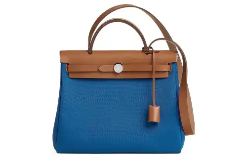 HERMES Herbag Zip Canvas With Hunter Cow Leather Shoulder Bag, Crossbody Bag, Handbag 31 Unisex French Blue/Light Tawny