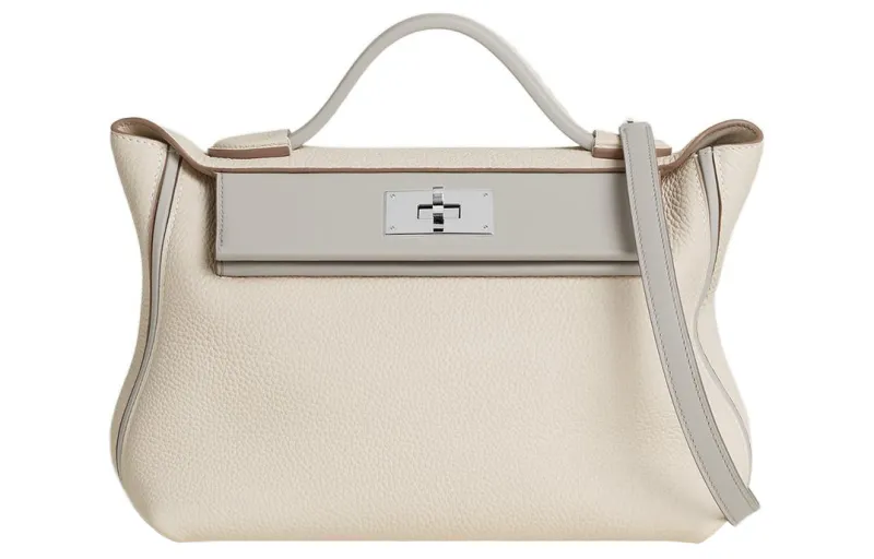 HERMES 24/24 Togo & Swift Calfskin Shoulder Bag, Crossbody Bag, Handbag Women's Chalk White & Concrete Gray