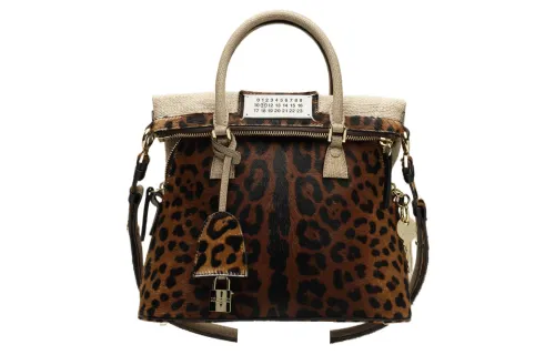 Maison Margiela Leather & Yellow Jute Canvas Portable Crossbody Bag, Shoulder Bag Mini Women's Leopard Print