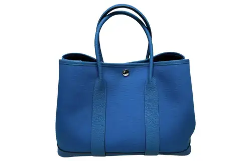 HERMES Garden Party Canvas With Leather Handbag 30 Women's B3 Bleu Zanzibar Tanzania Blue