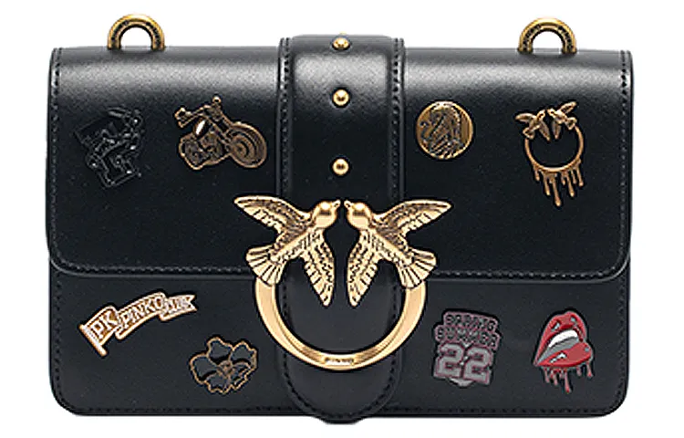 PINKO Cow Leather Swallow Bag, Shoulder Bag, Crossbody Bag Medium Women's Black Gold