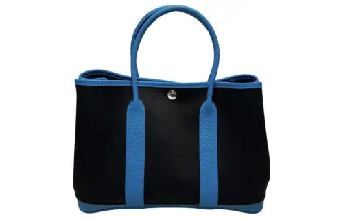 HERMES Garden Party Canvas With Negonda Calfskin Handbag 30 Women's Black/Tanzania Blue