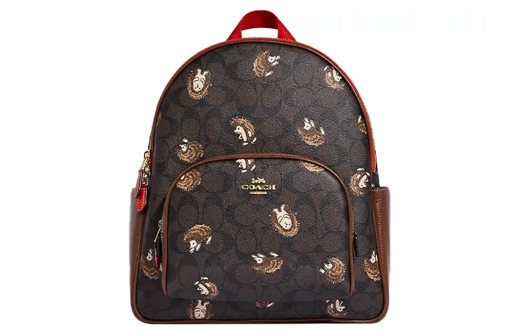 COACH Court Signature Coated Canvas With Refined Pebbled Leather Backpack Large Women's Brown & Black