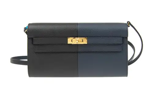 HERMES Kelly To Go Gold tone Lock Epsom Calfskin Crossbody Wallet Regular Women's Indigo/Black/Frida Blue