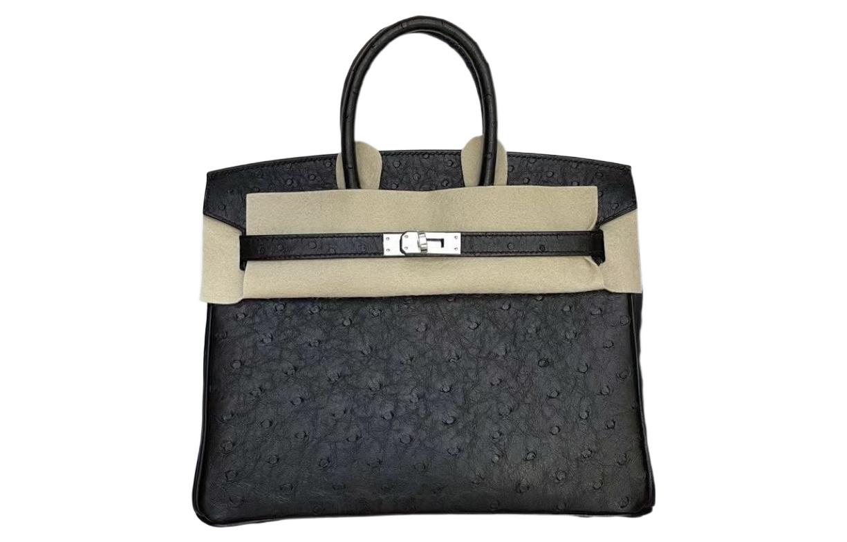 HERMES Birkin Ostrich Leather Birkin Bag Handbag 25 Women's 89 Noir Black