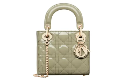 DIOR Lady Dior Patent Leather, Cow Leather Handbag Shoulder Bag, Crossbody Bag, Handbag Mini Women's Gray Green