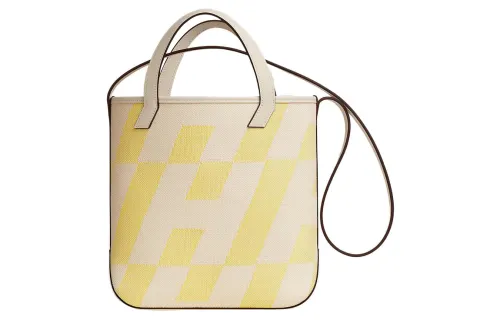 HERMES Cabas H Canvas With Swift Calfskin Portable Crossbody Bag, Shoulder Bag Women's Light Beige/Lemon/Cream White