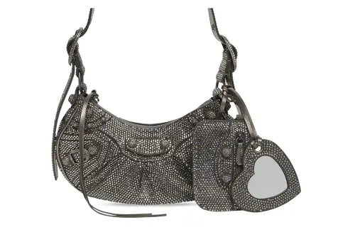 Balenciaga Le Cagole Shoulder Bag Xs Dark Grey Suede With Rhinestones