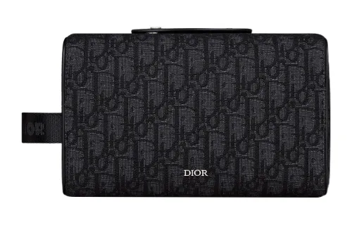 DIOR Lingot Fabric With Cow Leather Storage Bag, Clutch Toiletry Bag Men's Black