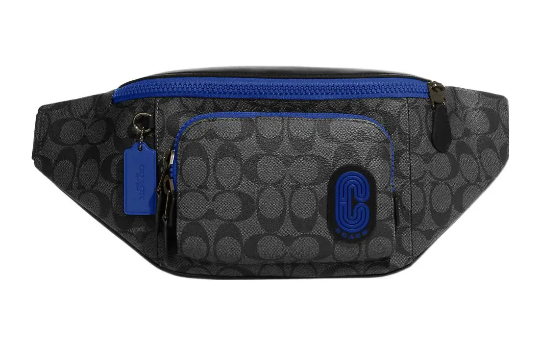 COACH Track Cow Leather Detail Shoulder Bag, Crossbody Bag, Sling Bag, Fanny Pack Large Men's Charcoal Gray & Blue
