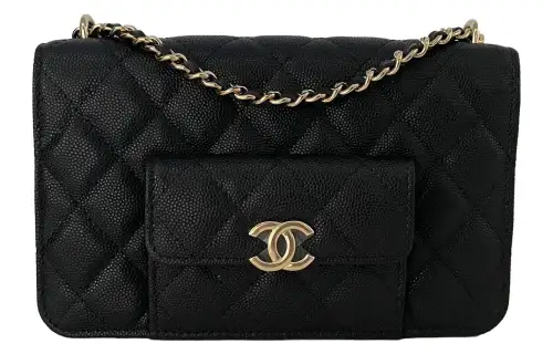 CHANEL WOC Litchi Grain Cow Leather 2 in 1 Pocket Bag, Chain Bag, Shoulder Bag, Crossbody Bag Large Women's Black