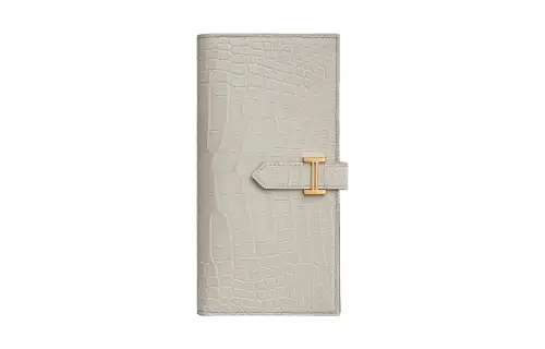 HERMES Bearn Crocodile Leather Wallet Women's 8L Beton Glacier White