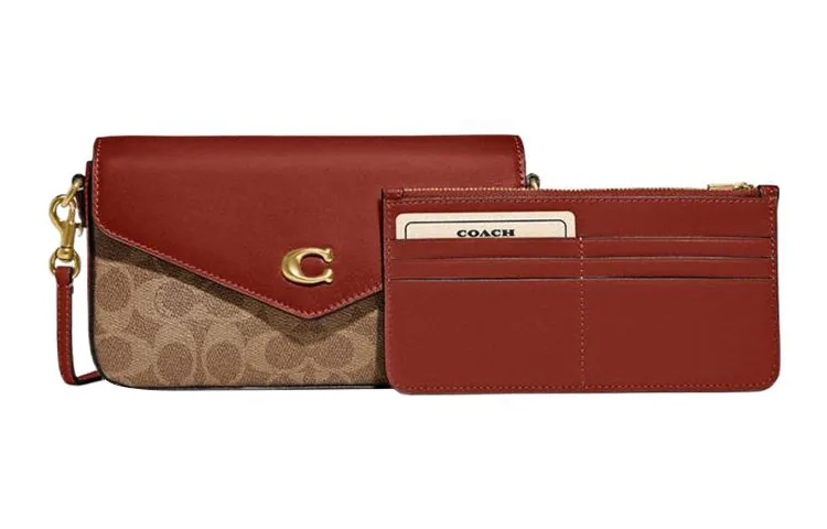 COACH Wyn Canvas With Leather Envelope Bag, Shoulder Bag, Crossbody Bag Small Women's Brown & Rose Red