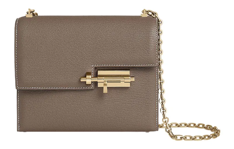 HERMES Verrou Light Gold Buckle Mysore Goat Skin Crossbody Bags Mini Women's 18 Etoupe Elephant Gray