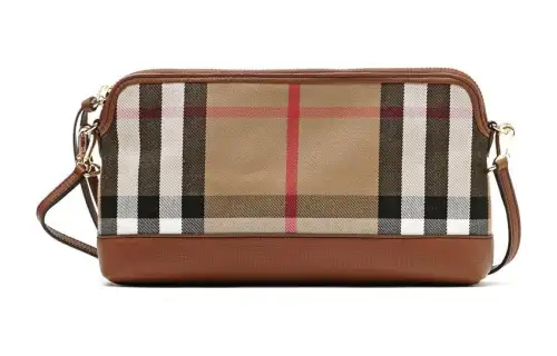 Burberry House Cotton With Calfskin Trim One Shoulder Crossbody Clutch Small Women's Tan