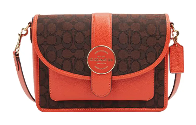 COACH Lonnie Fabric With Cow Leather Small Square Bag, Shoulder Bag, Crossbody Bag Medium Women's Brown & Orange & Red